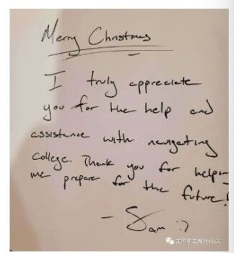 Handwritten Christmas thank-you card from a student